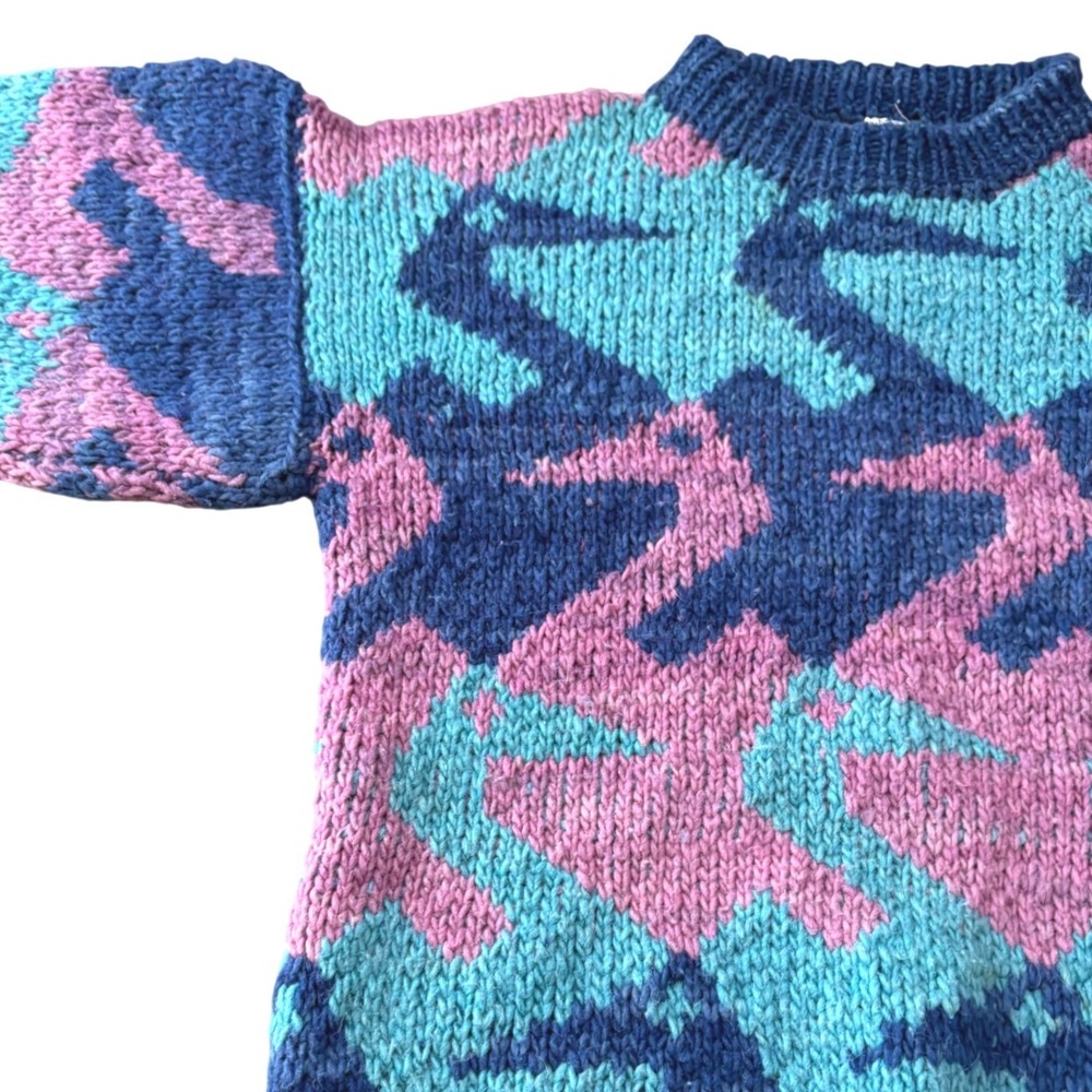 VTG Hand Made Ecuador Wool Sweater Mens Womens M Geometric Bird Knit Pullover - Picture 3 of 7